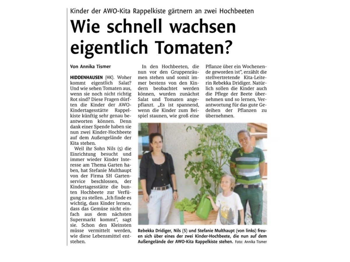 Pressebericht über zwei Hochbeete für die AWO-Kita Rappelkiste mit Stefanie Multhaupt von SH Gartenservice GbR
