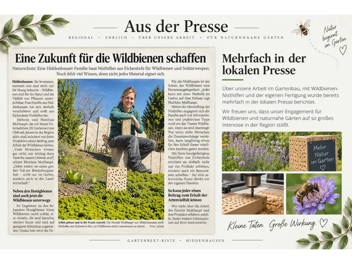 Pressebericht über die Arbeit von SH Gartenservice GbR mit Wildbienen, Nisthilfen und naturnahen Gärten