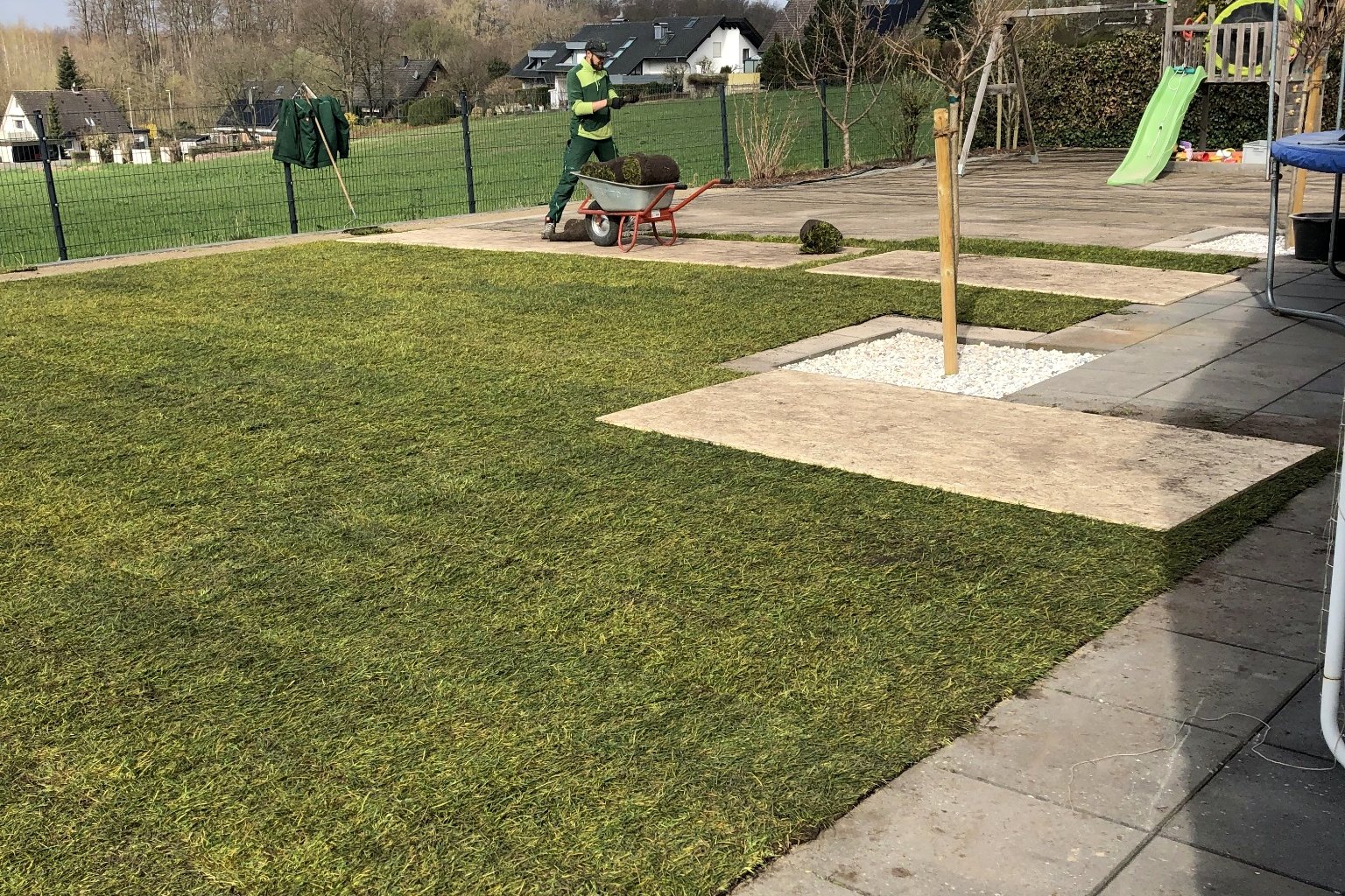 Neu verlegter Rollrasen mit Wegen und Gartenflächen
